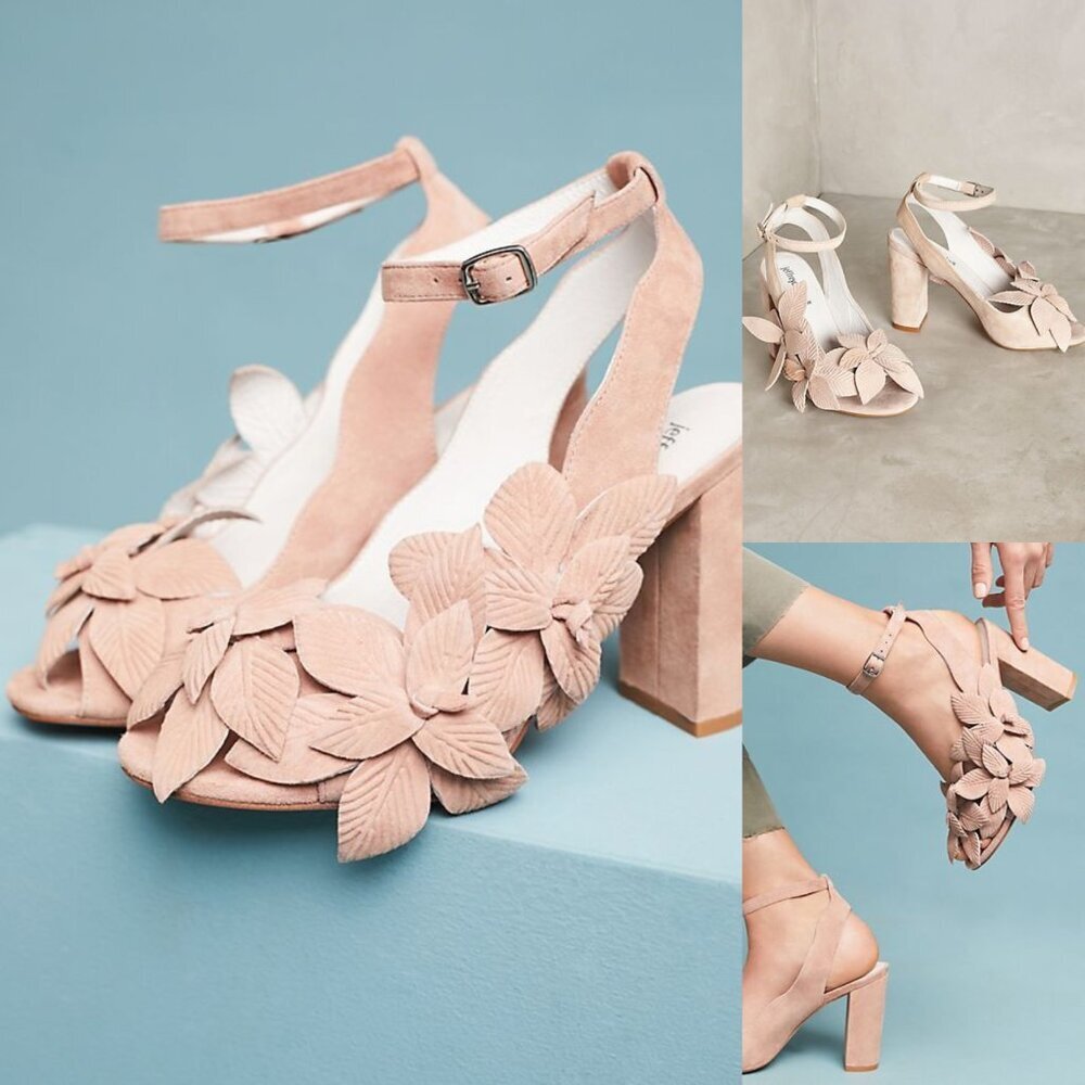 Anthropologie Blush Pink Floral Suede Block Heel Sandals